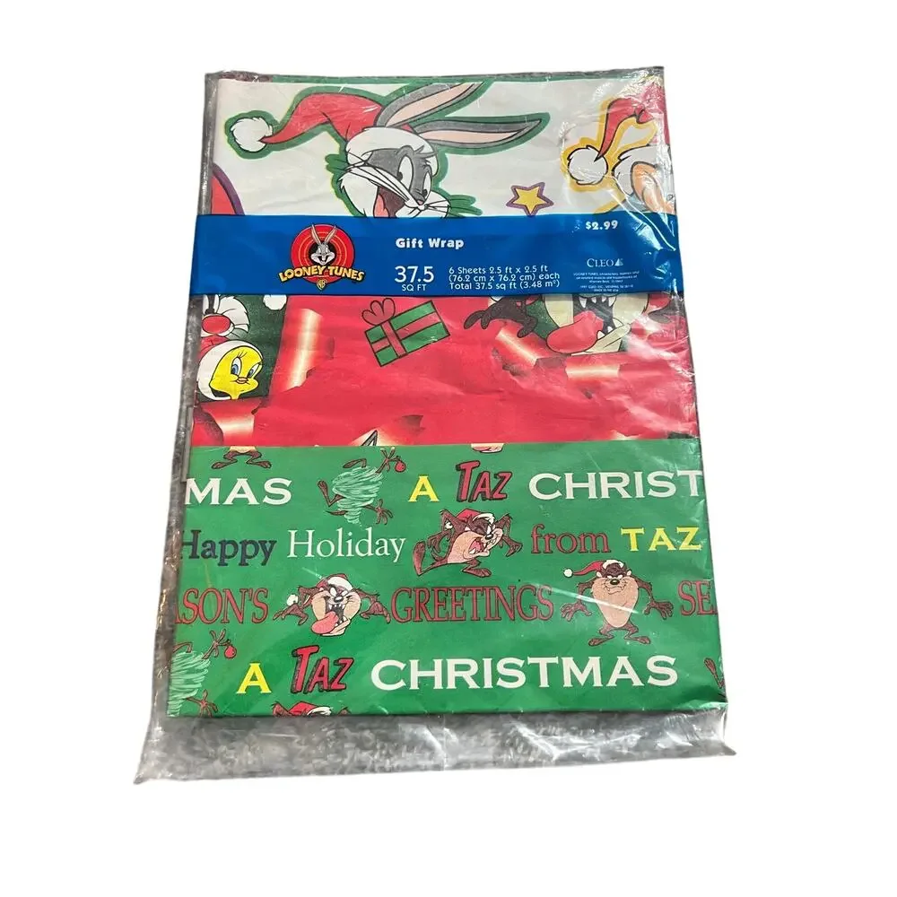 Vintage Looney Tunes Christmas holiday wrapping paper Taz, Bugs bunny tweety